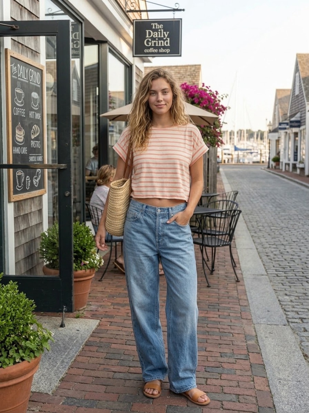 Madewell Cream Tee with Coral Stripes - Short Sleeve Boxy Fit